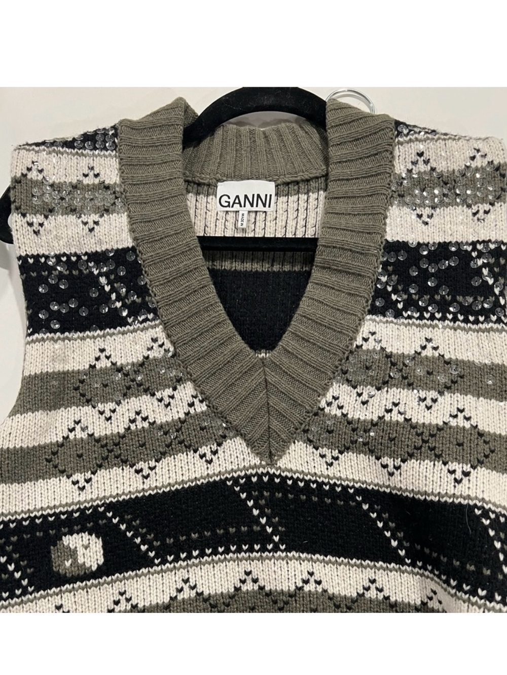 Ganni Olive, Black & Cream V-Neck Knit Sweater Vest